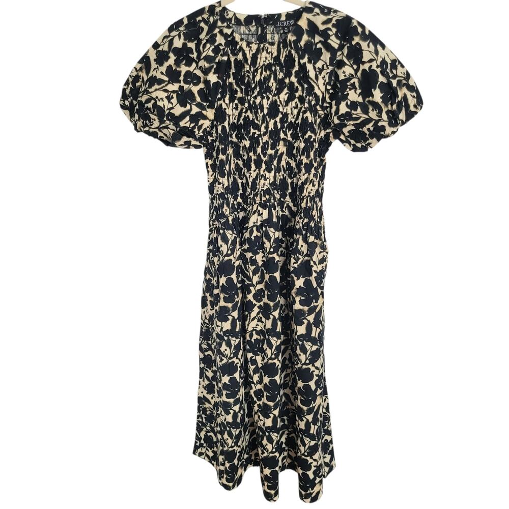J Crew Meadow Dress Cotton Poplin Floral Black Tan Smock Puff Sleeve XL Tall - Picture 3 of 12